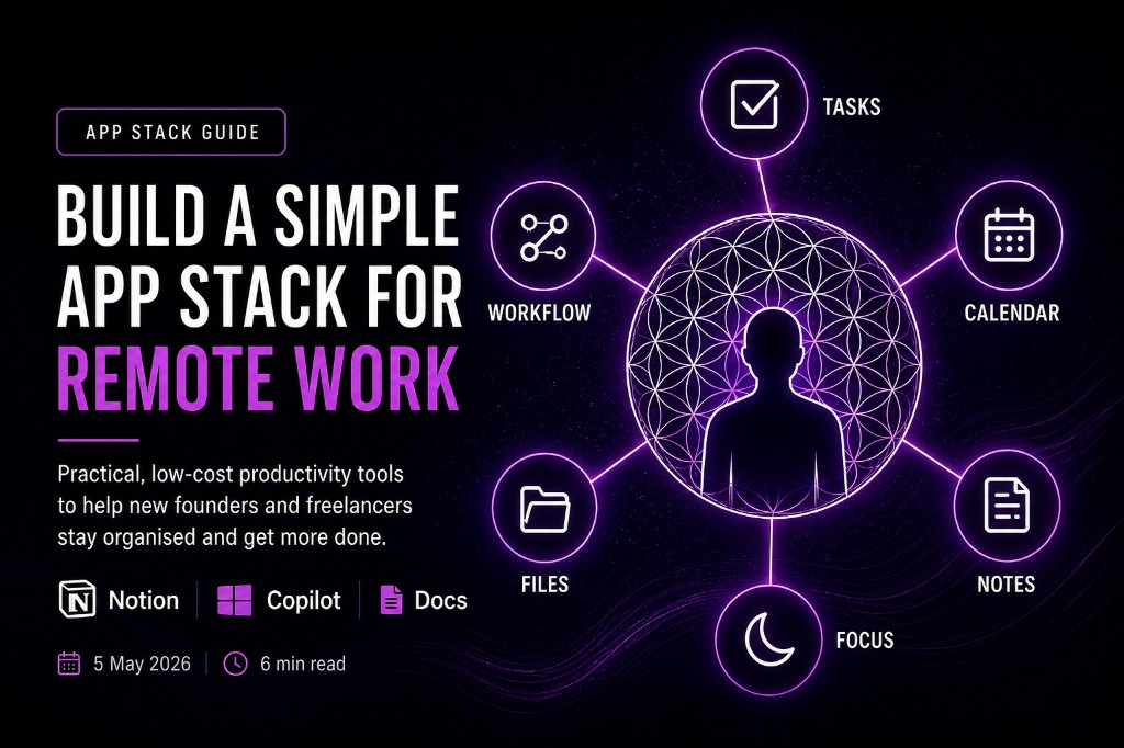 Build a Simple Productivity App Stack for Remote Work cover showing a productivity tool ecosystem with Notion, Copilot, Docs, tasks, calendar, files, notes, and focus.