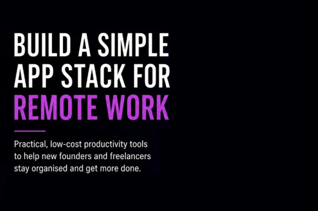 Build a Simple Productivity App Stack for Remote Work cover showing a productivity tool ecosystem with Notion, Copilot, Docs, tasks, calendar, files, notes, and focus.