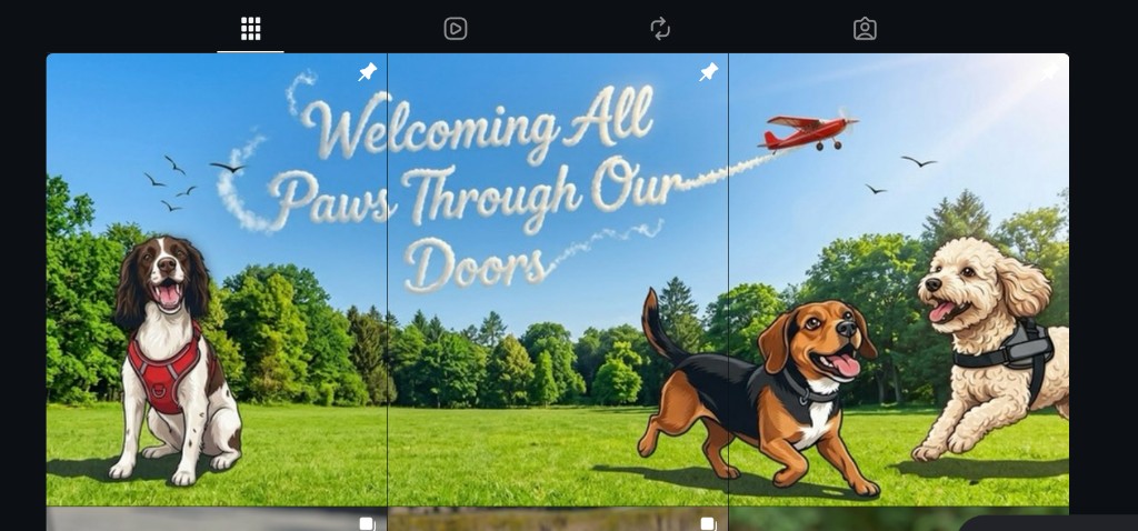 Instagram profile grid for a dog walking business. Three pinned posts form one illustration of dogs in a park, with cloud lettering that reads Welcoming All Paws Through Our Doors.
