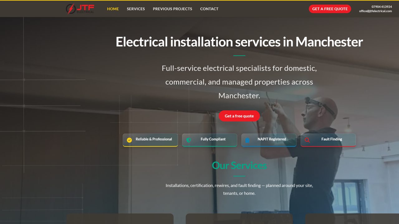 JTF Electrical website homepage, with the heading Electrical installation services in Manchester and a Get a free quote button.